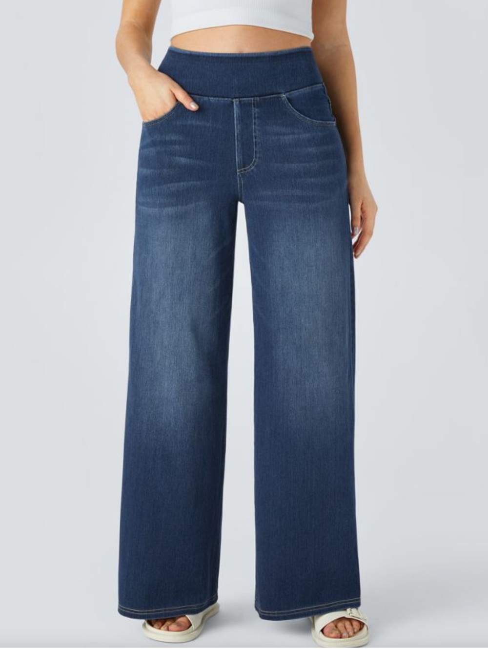 HALARA Dark Indigo Wide-Leg High Waist Jeans with Knit Waistband